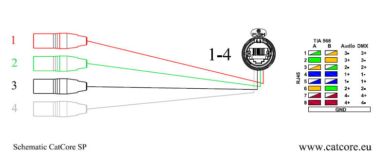 Pinbelegung CatCore SP Audio over Cat Kabelpeitsche Auflösung Split