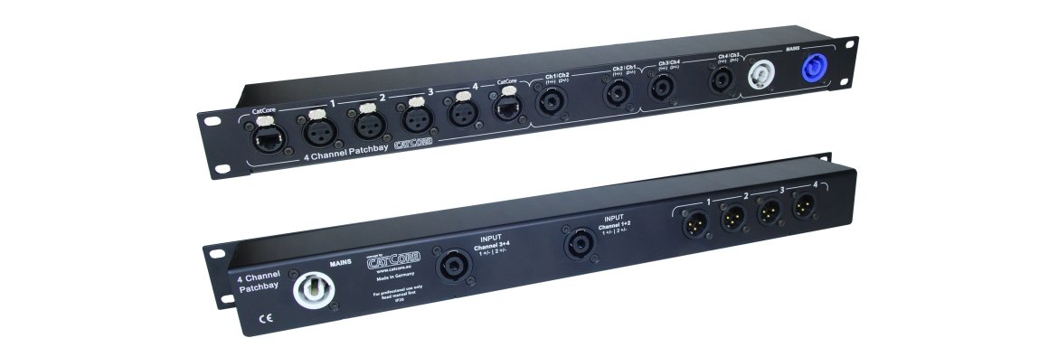 quad channel patchbay for audio amps, including XLR, Speakon and Powercon