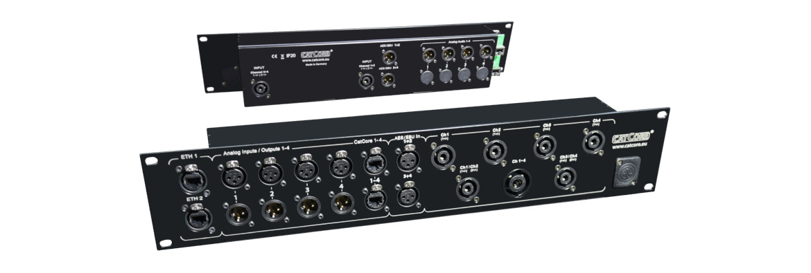 Speaker panel/patchbay for four channel audio amps with XLR, CatCore and Speakon 4 and 8pin, network, e.g. for Poweroft X4